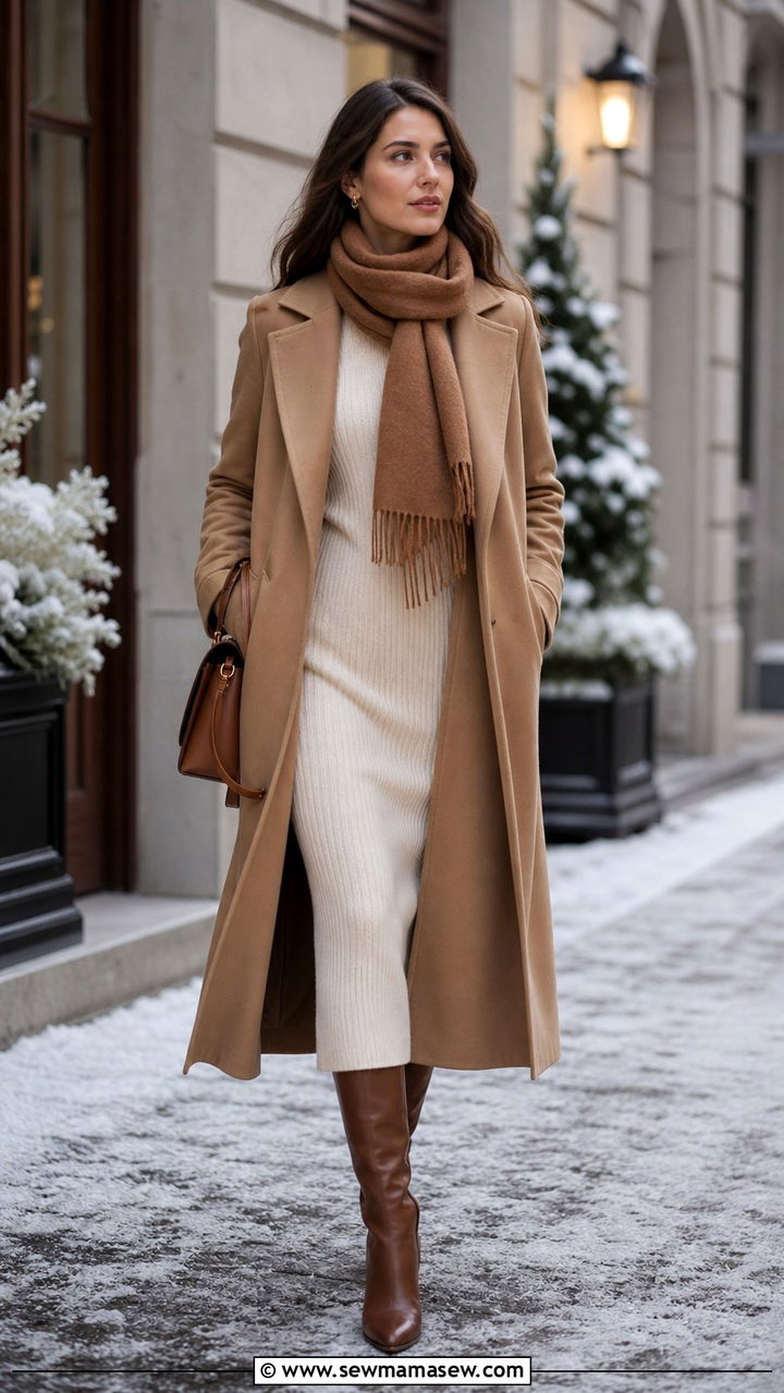 Camel Coat Over Cream Knit Dress and Knee High Boots - 40 old money outfit ideas for women