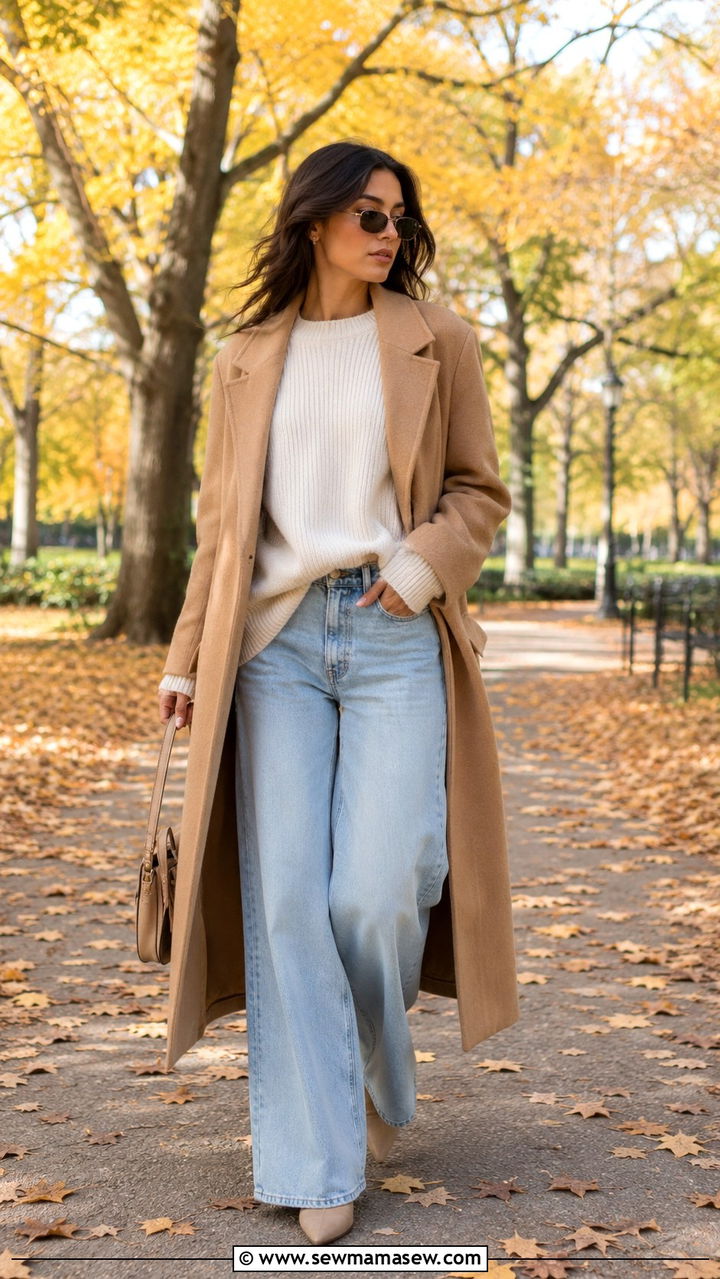Camel Coat Over Cream Knit and Wide Leg Jeans - 30 casual model off duty outfits