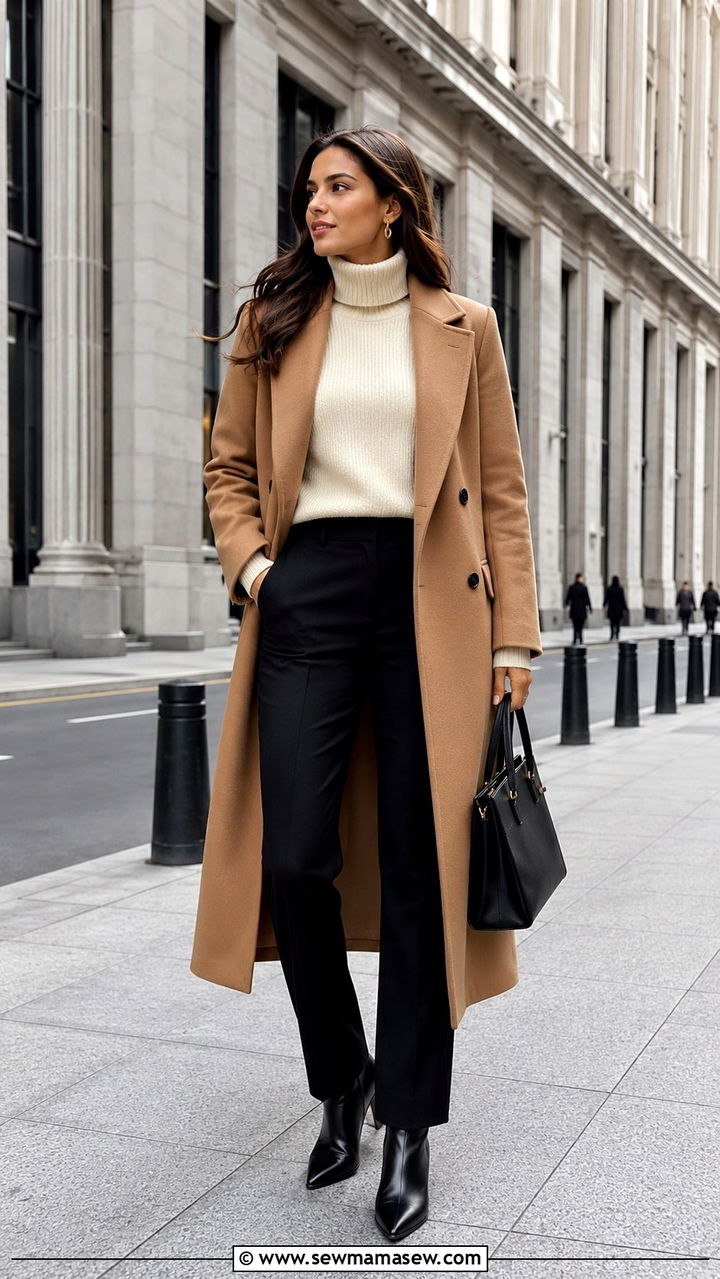 Camel Coat Over Cream Sweater and Black Trousers - 30 classy preppy outfit ideas