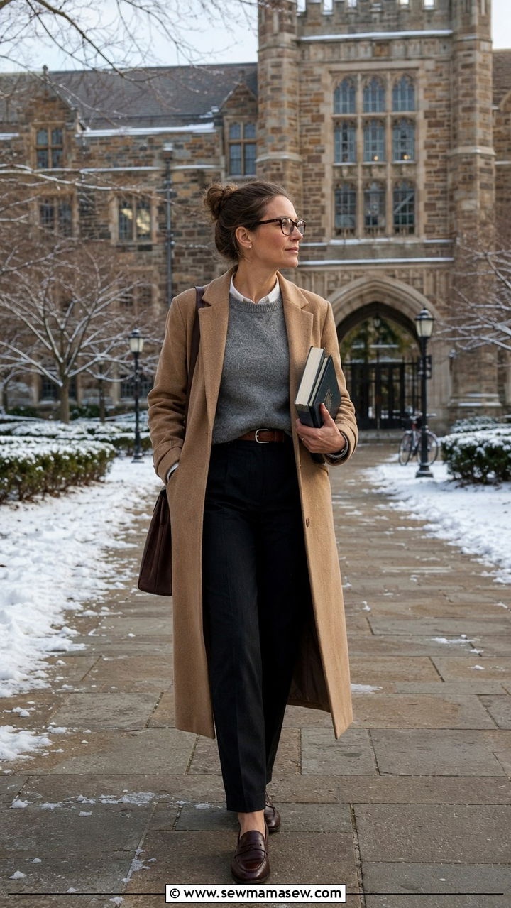Camel Coat Over Grey Sweater And Black Trousers - 25 Professor outfit ideas