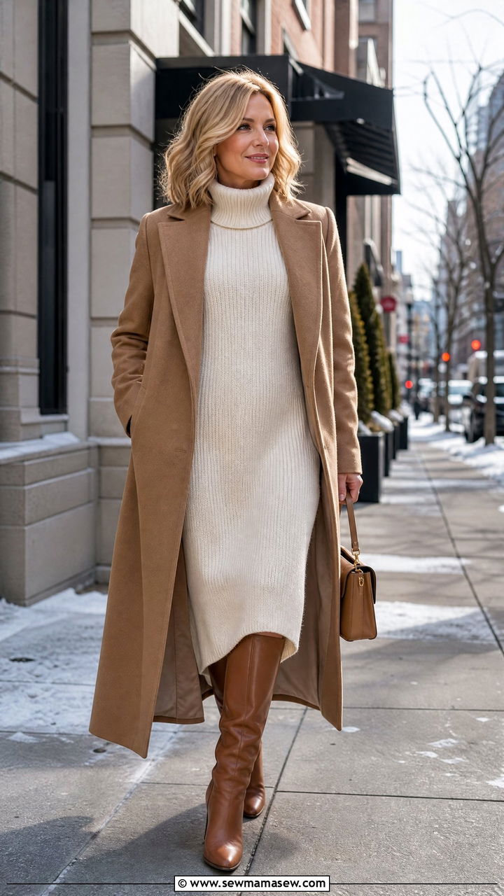Camel Coat Over Ivory Knit Dress - 30 clean girl outfit ideas for women over 40