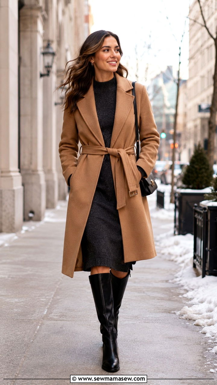 Camel Coat Over a Sweater Dress - 30 chic job interview outfits for women