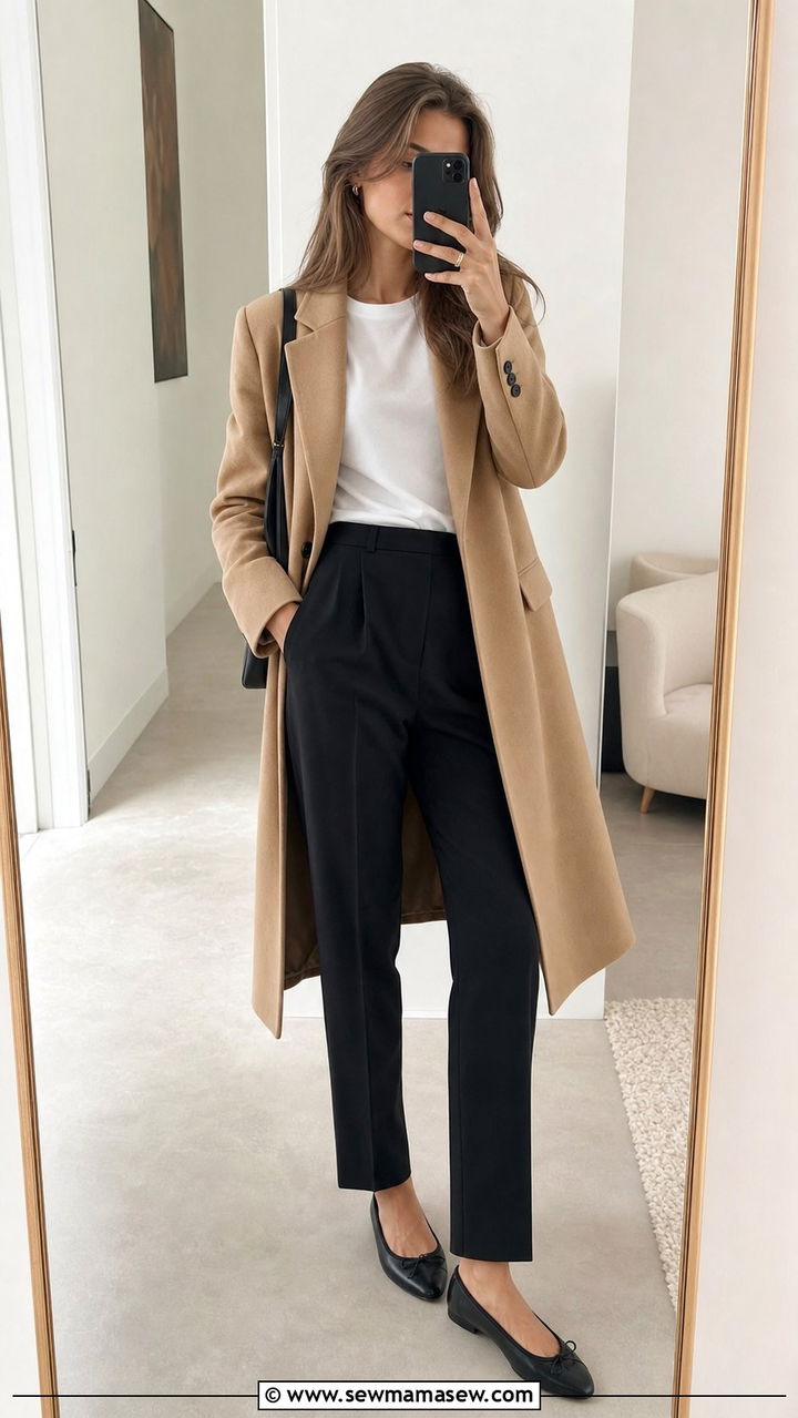 Camel Coat White Tee and Black Trousers With Ballet Flats - 25 classy model off duty outfit ideas