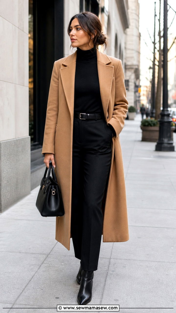 Camel Coat With All Black Layers - 40 French girl outfit ideas