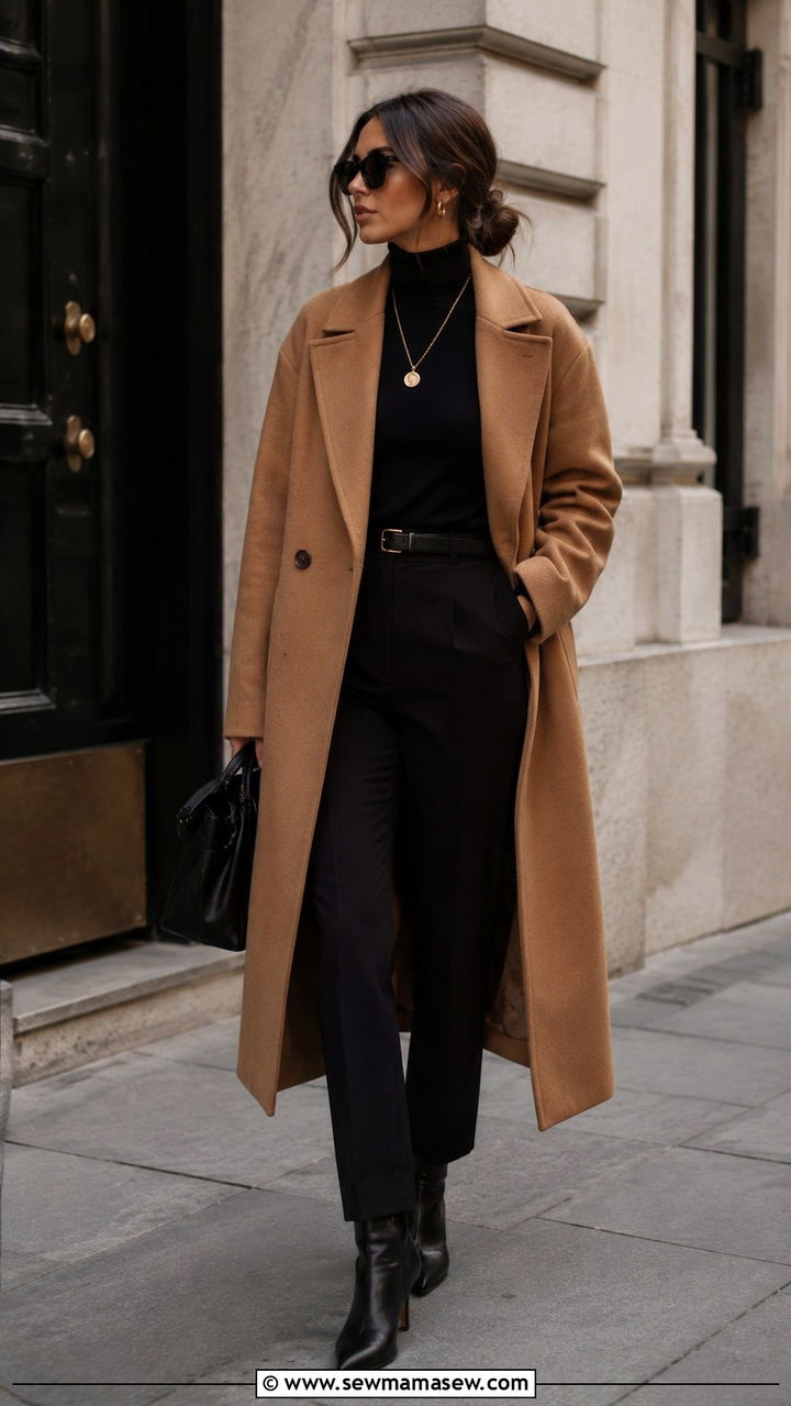 Camel Coat With All Black Underlayers - 30 classy outfits ideas