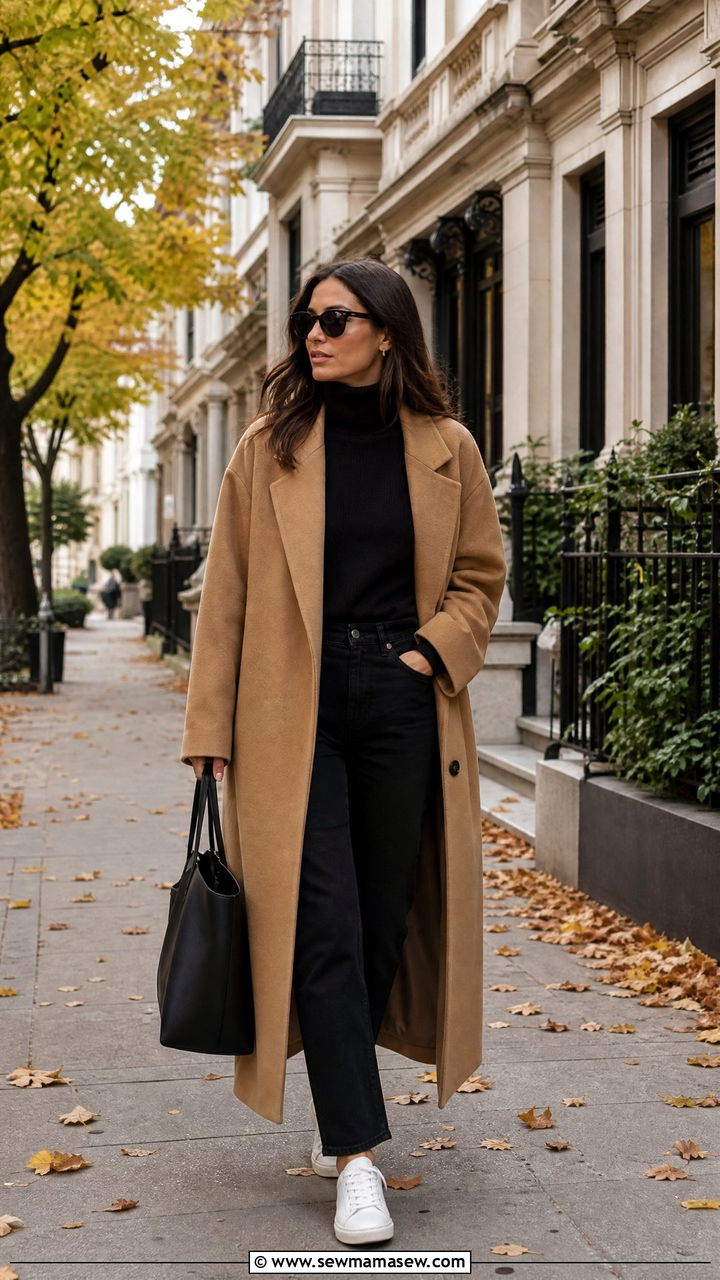 Camel Coat With All Black Underpinnings and White Sneakers - 25 Caroline de Maigret outfit ideas