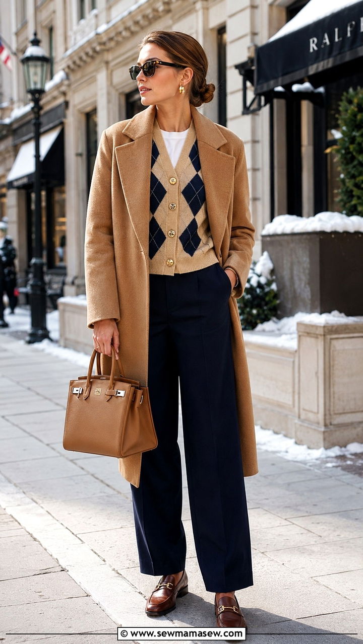 Camel Coat With Argyle Cardigan And Navy Pants - 25 Preppy outfit ideas 2026