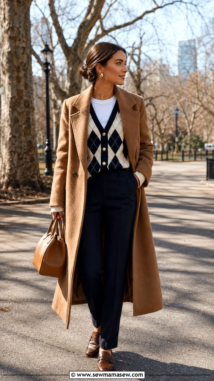 Camel Coat With Argyle Cardigan And Navy Trousers Outfit - 25 Old money outfit ideas Ralph Lauren