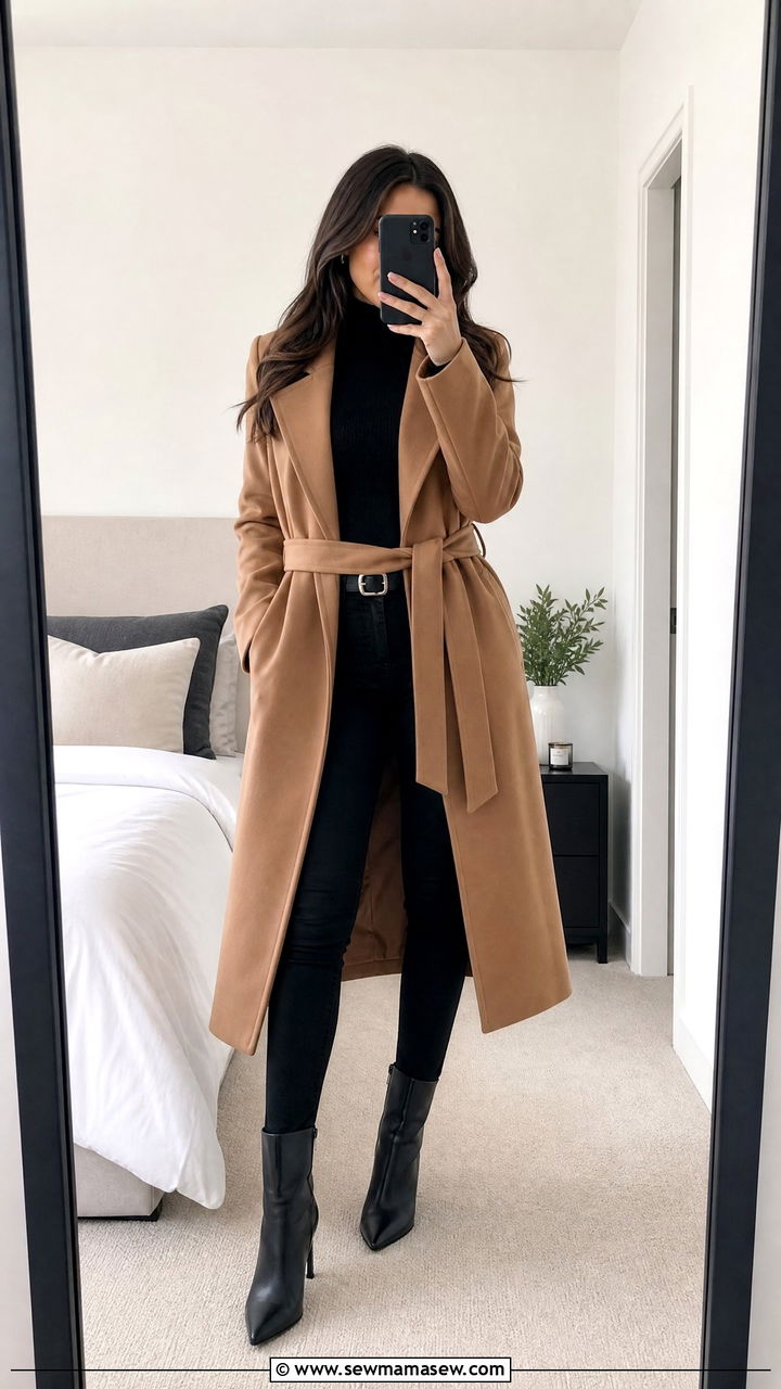 Camel Coat With Black Skinny Jeans and Heeled Boots - 25 Camel coat outfit ideas 2026