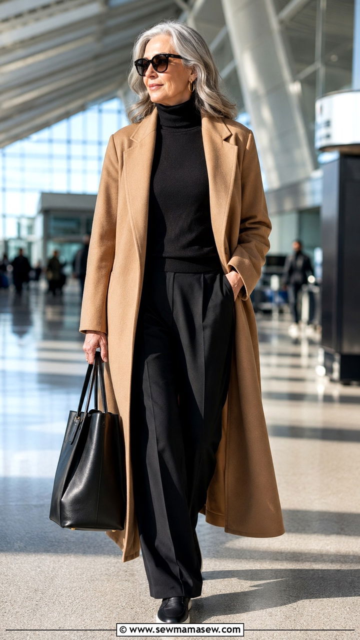 Camel Coat With Black Trousers Plane Outfit Over 50 - 25 What to wear on a plane over 50