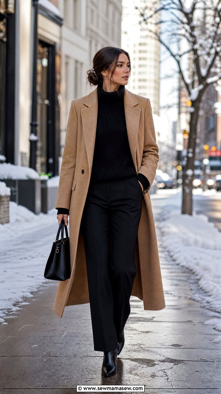 Camel Coat With Black Trousers Winter Outfit - 30 Client meeting outfit ideas