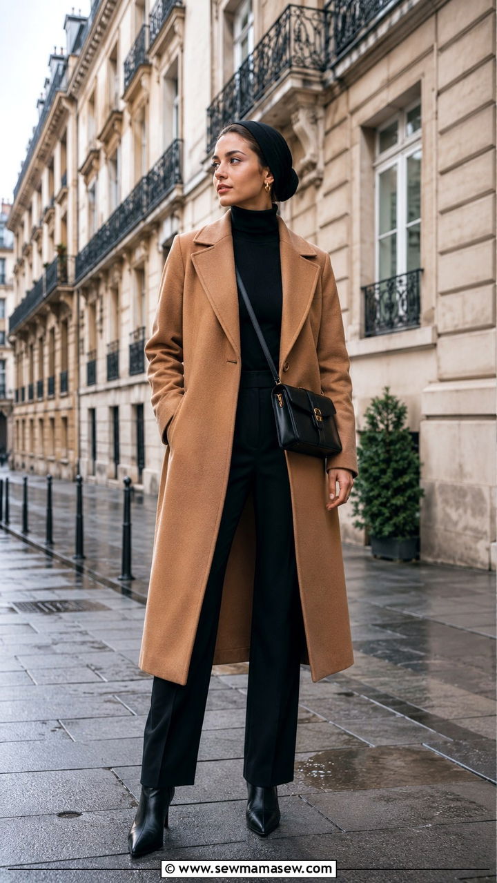 Camel Coat With Black Trousers - 30 Modest outfit ideas Parisian