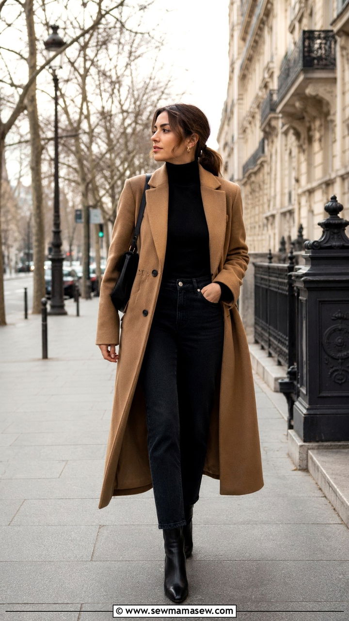 Camel Coat With Black Turtleneck And Ankle Boots - 30 Paris outfits to copy