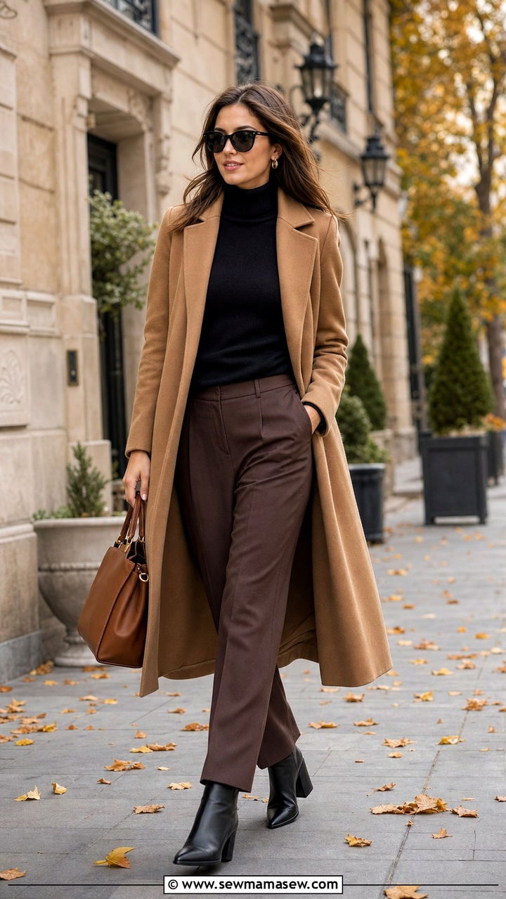 Camel Coat With Black Turtleneck And Brown Trousers - 35 brown outfit ideas for women