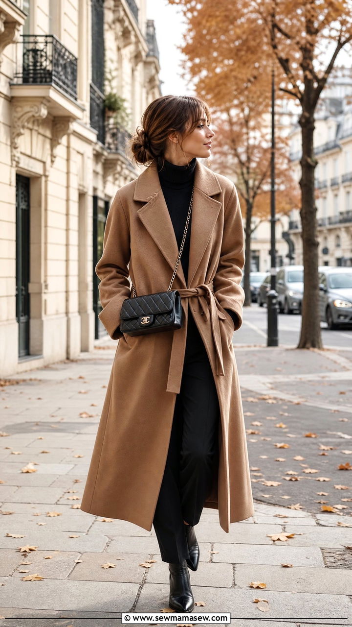 Camel Coat With Black Turtleneck And Chanel Bag - 30 French girl outfit ideas with Chanel bag
