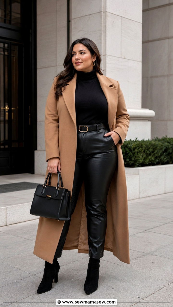 Camel Coat With Black Turtleneck And Leather Trousers - 30 classy outfits for curvy women