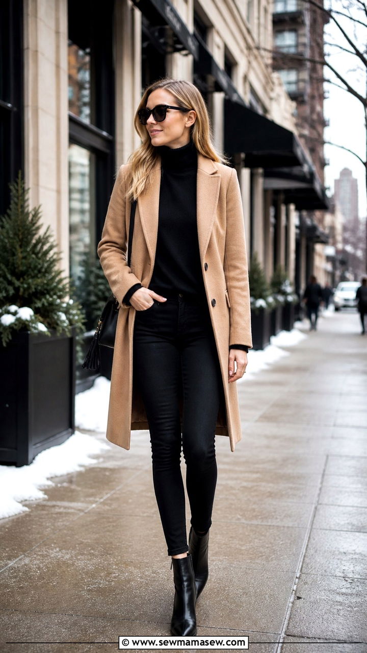Camel Coat With Black Turtleneck And Skinny Jeans - 40 Road trip outfit ideas