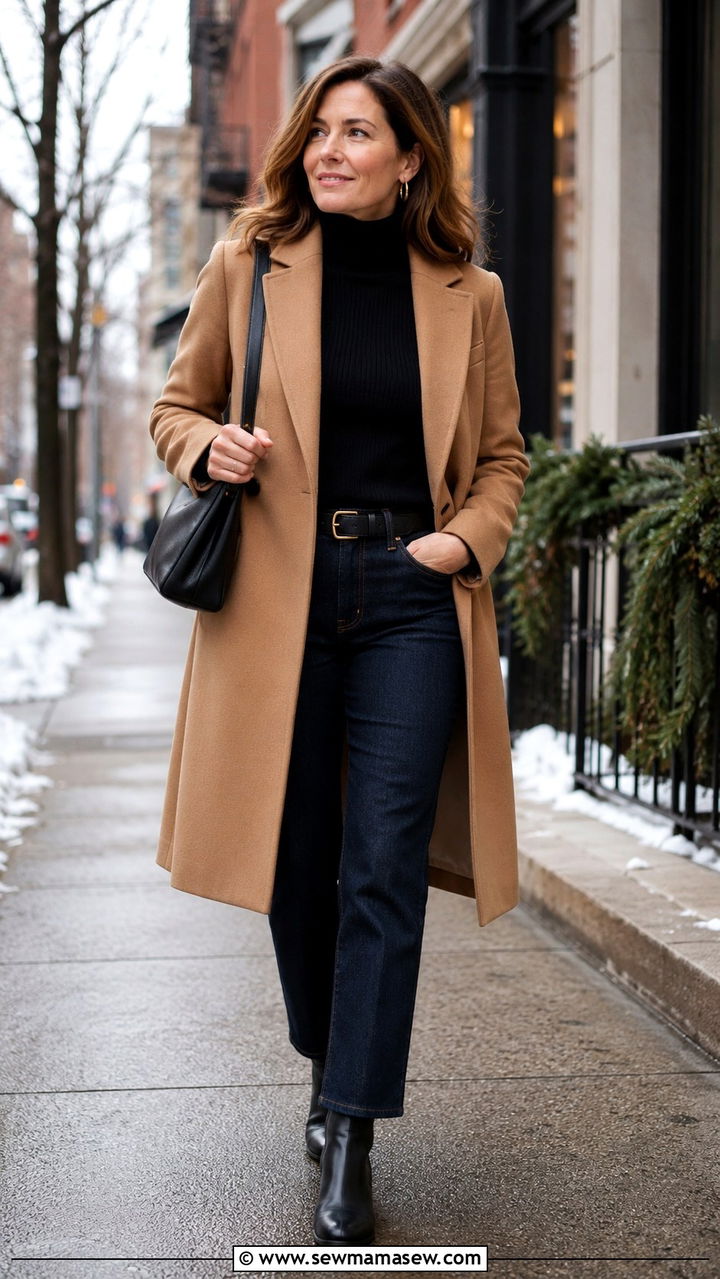 Camel Coat With Black Turtleneck And Straight Leg Jeans - 25 Mid-40s outfit ideas