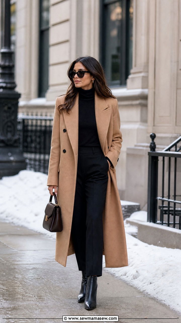 Camel Coat With Black Turtleneck And Tailored Trousers - 30 classy trendy outfits