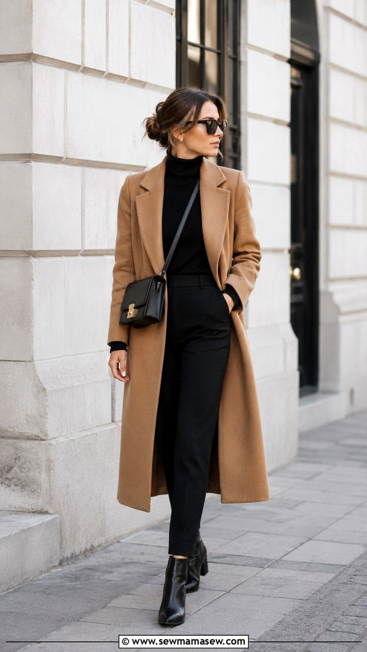 Camel Coat With Black Turtleneck And Trousers - 20 Quiet luxury outfit ideas Max Mara style