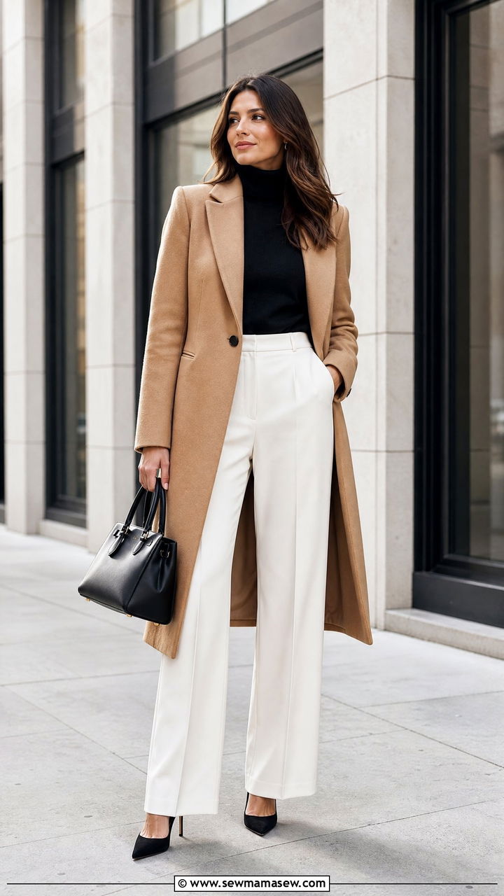 Camel Coat With Black Turtleneck And White Wide Leg Trousers - 35 Modern office outfit ideas