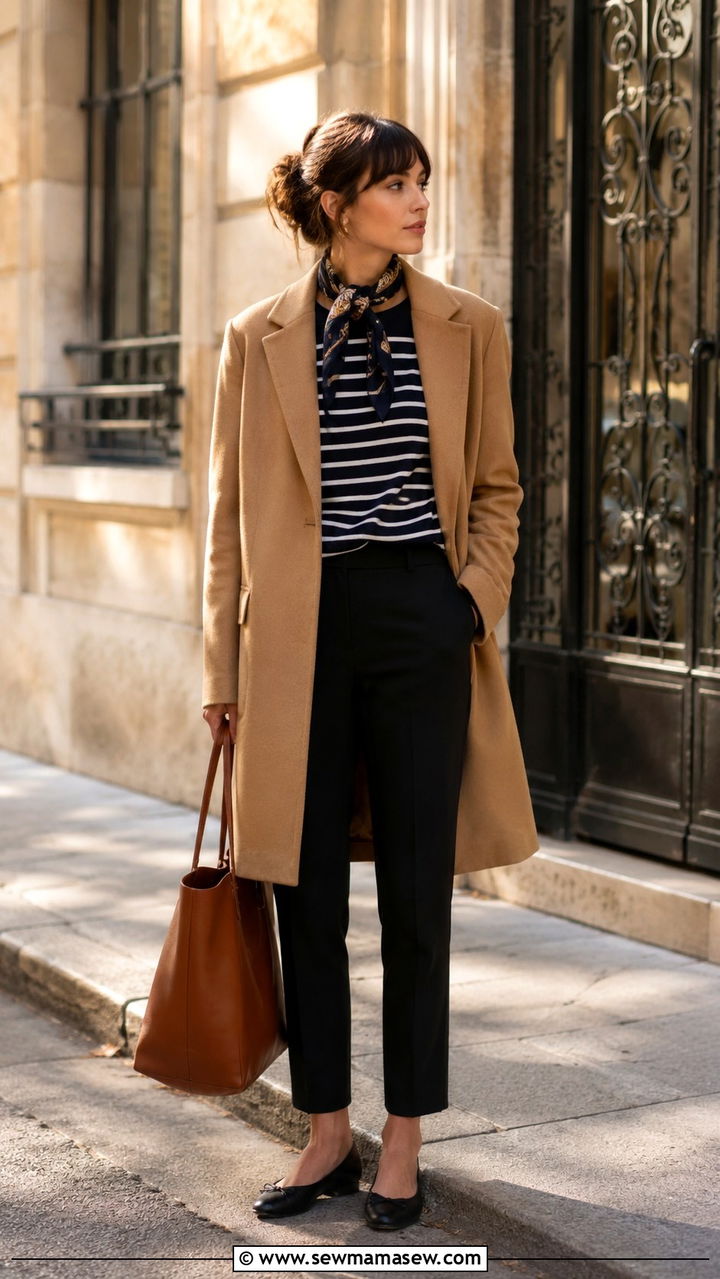 Camel Coat With Breton Shirt Cigarette Pants And Ballet Flats - 30 classy French girl outfits