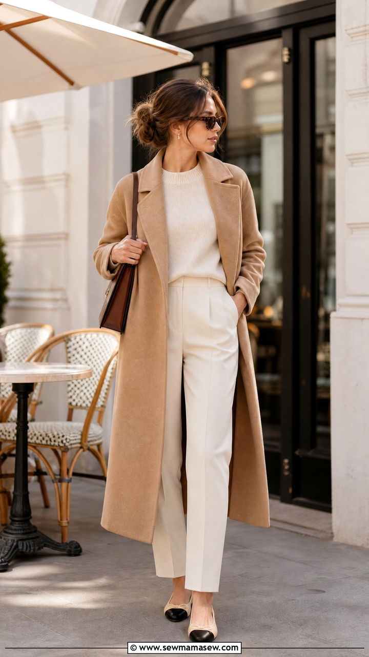 Camel Coat With Cream Knit Top and Cream Trousers Messy Bun - 25 French girl outfit ideas with messy bun