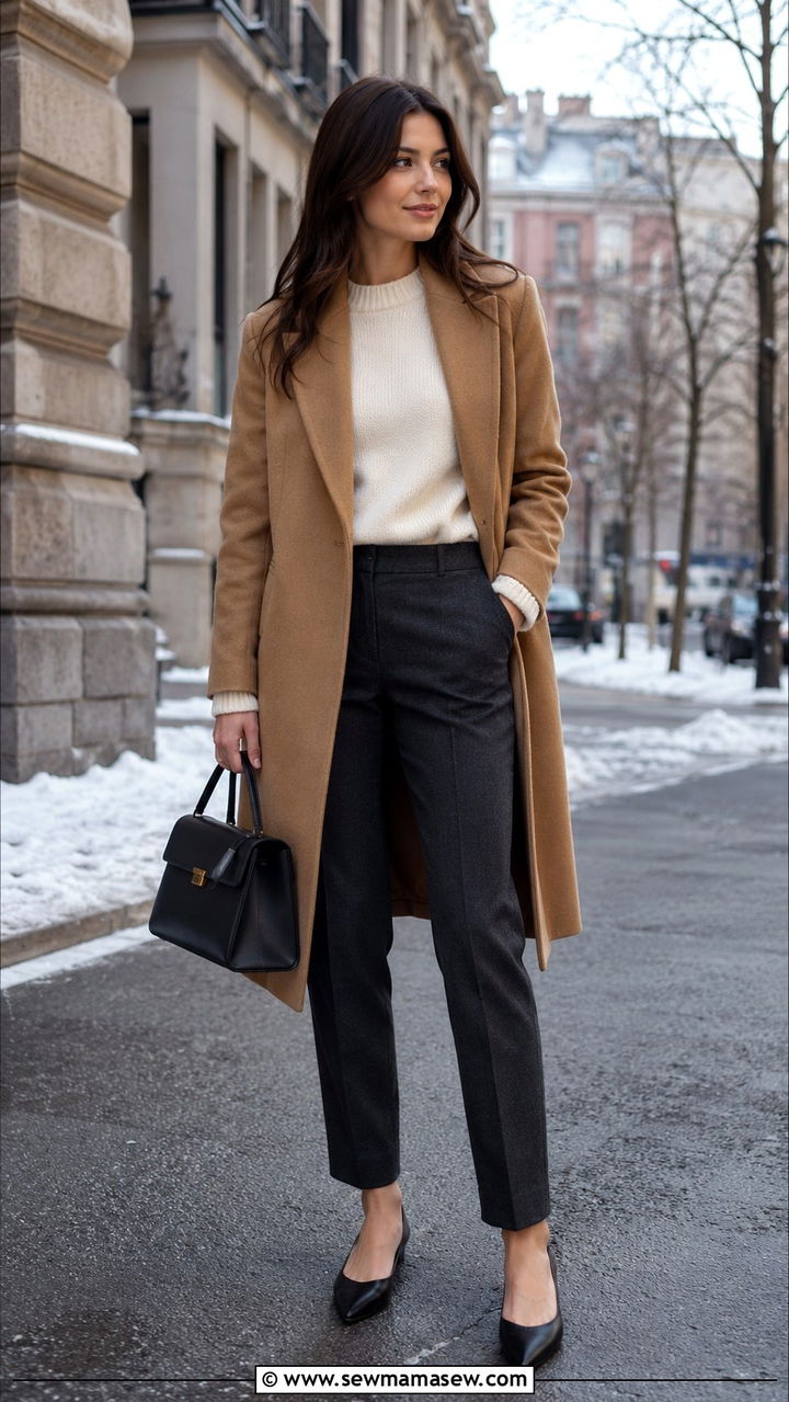 Camel Coat With Cream Sweater And Charcoal Trousers - 30 classy outfits ideas