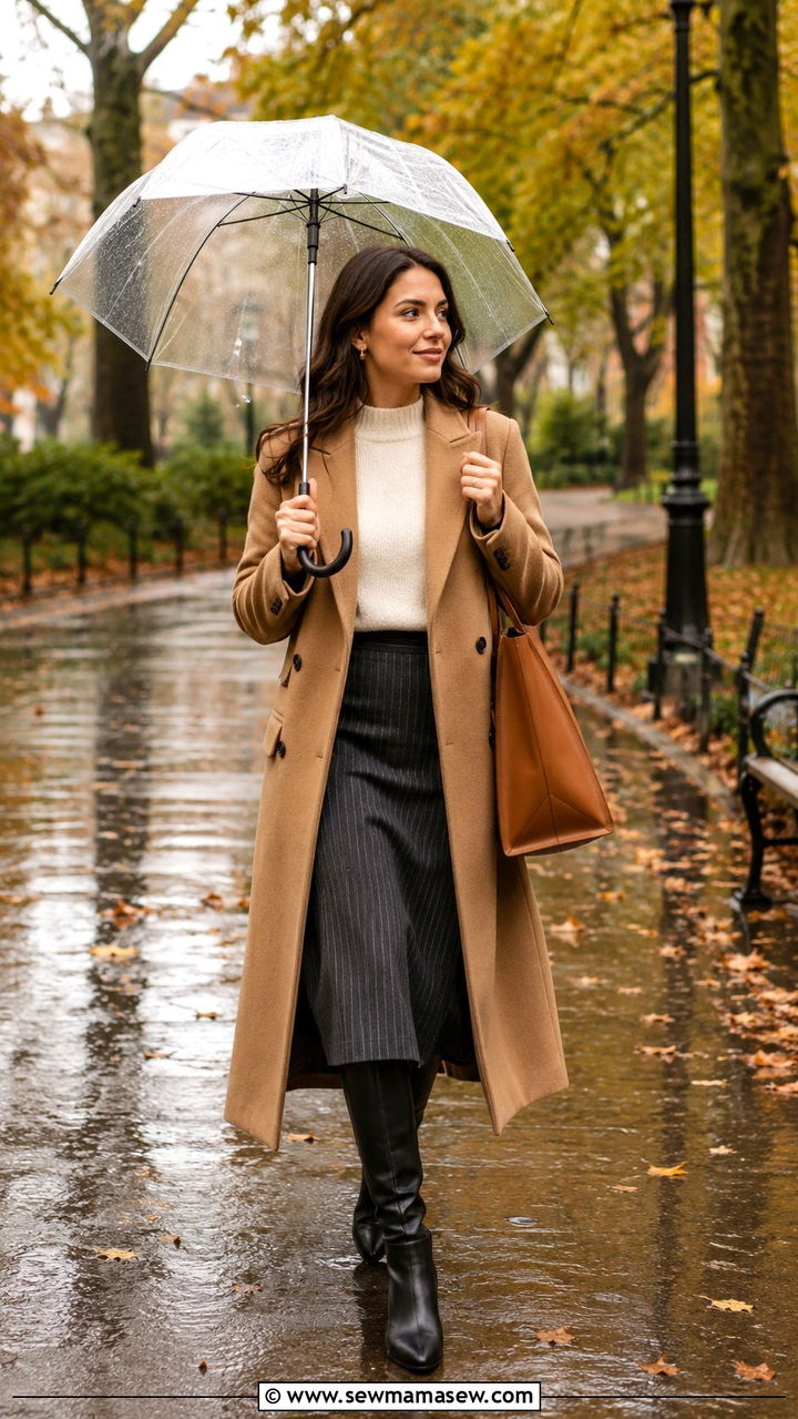 Camel Coat With Cream Sweater And Midi Skirt - 30 Rainy day work outfit ideas