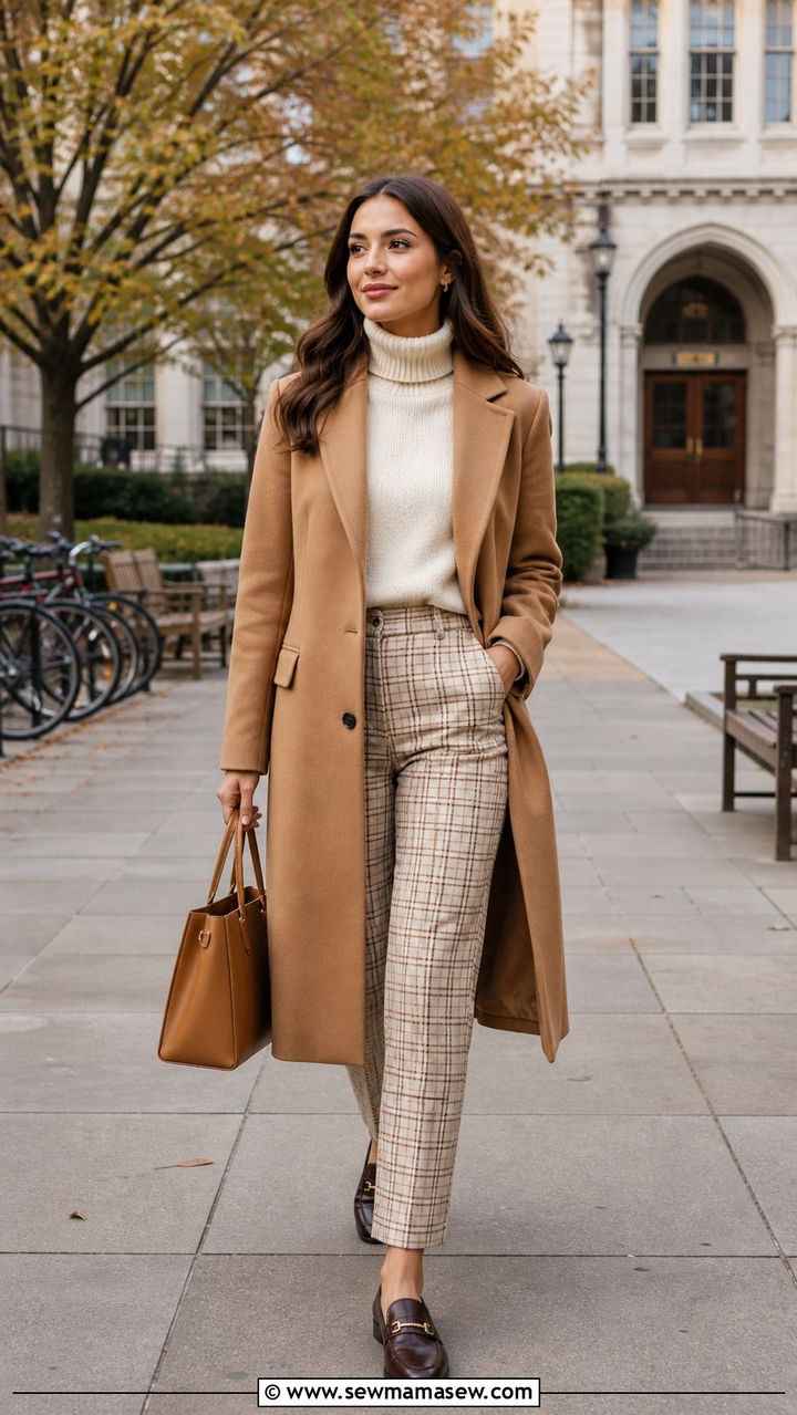 Camel Coat With Cream Turtleneck And Plaid Pants - 40 light academia outfits for women