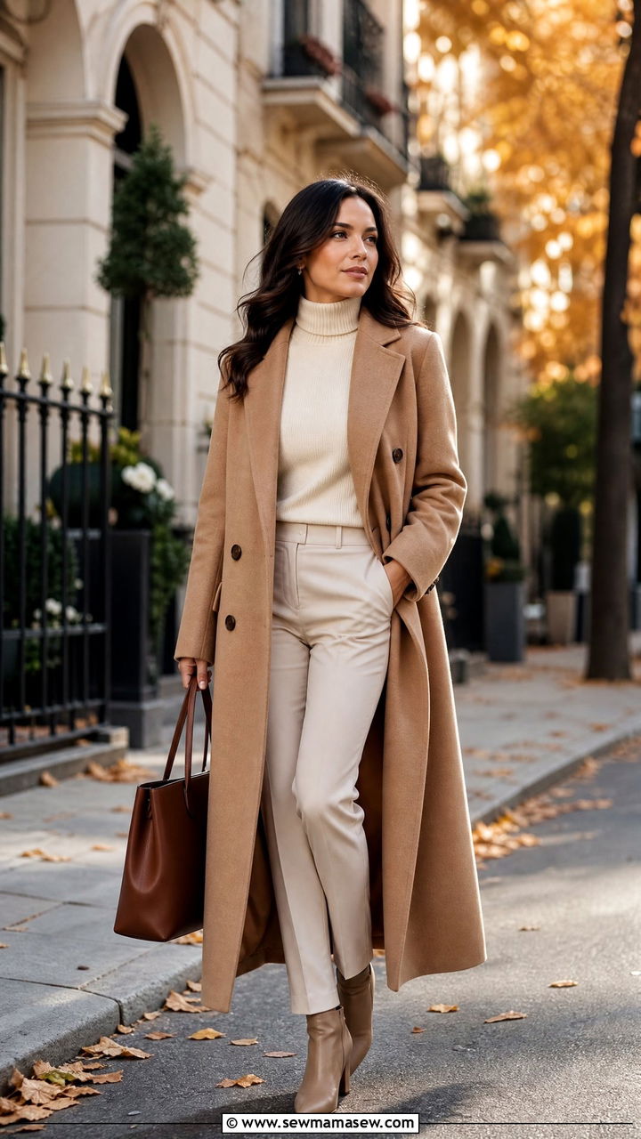 Camel Coat With Cream Turtleneck And Tailored Trousers - 30 modest classy outfits for women