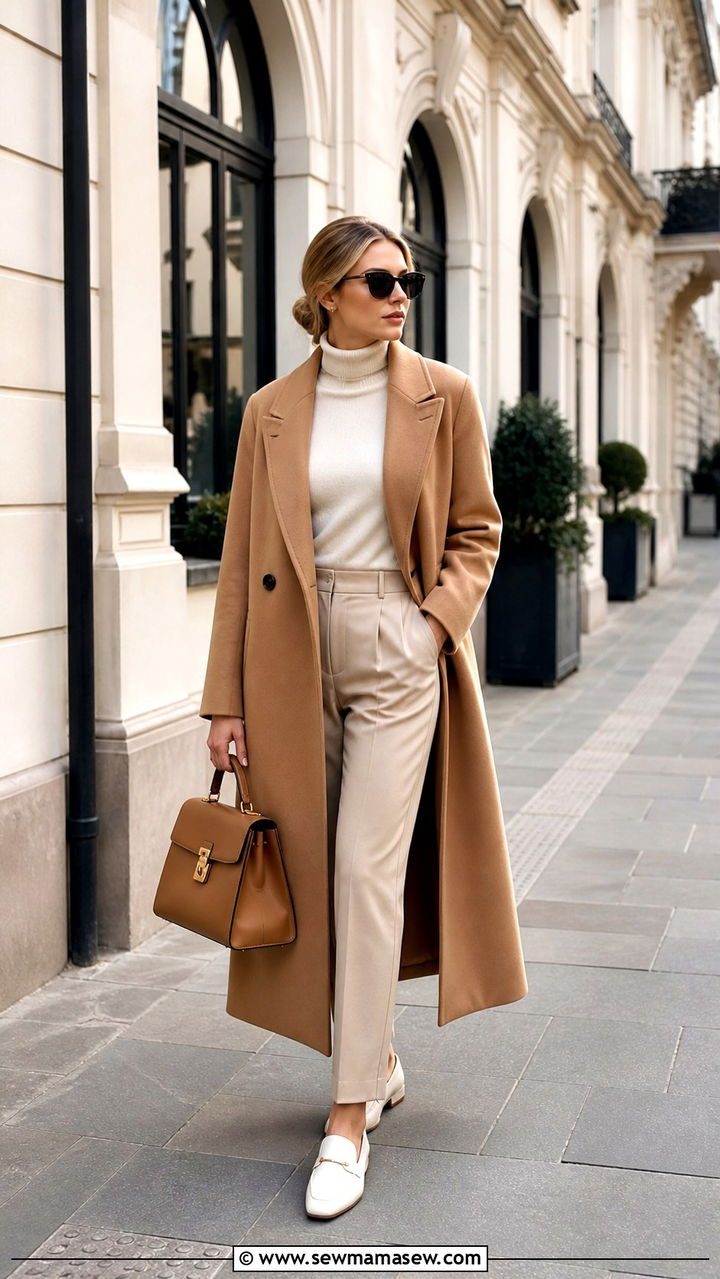 Camel Coat With Cream Turtleneck And Tailored Trousers - 40 old money outfits