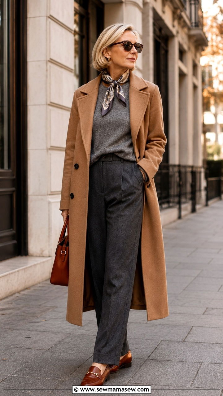 Camel Coat With Gray Sweater and Tailored Wool Trousers - 30 Trendy outfit ideas for women over 60