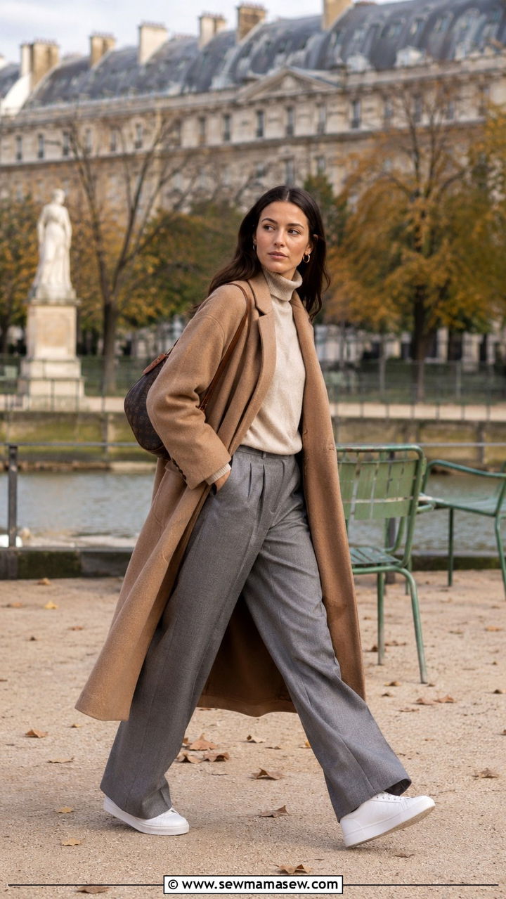 Camel Coat With Grey Trousers And White Sneakers - 20 French girl outfit ideas Caroline de Maigret