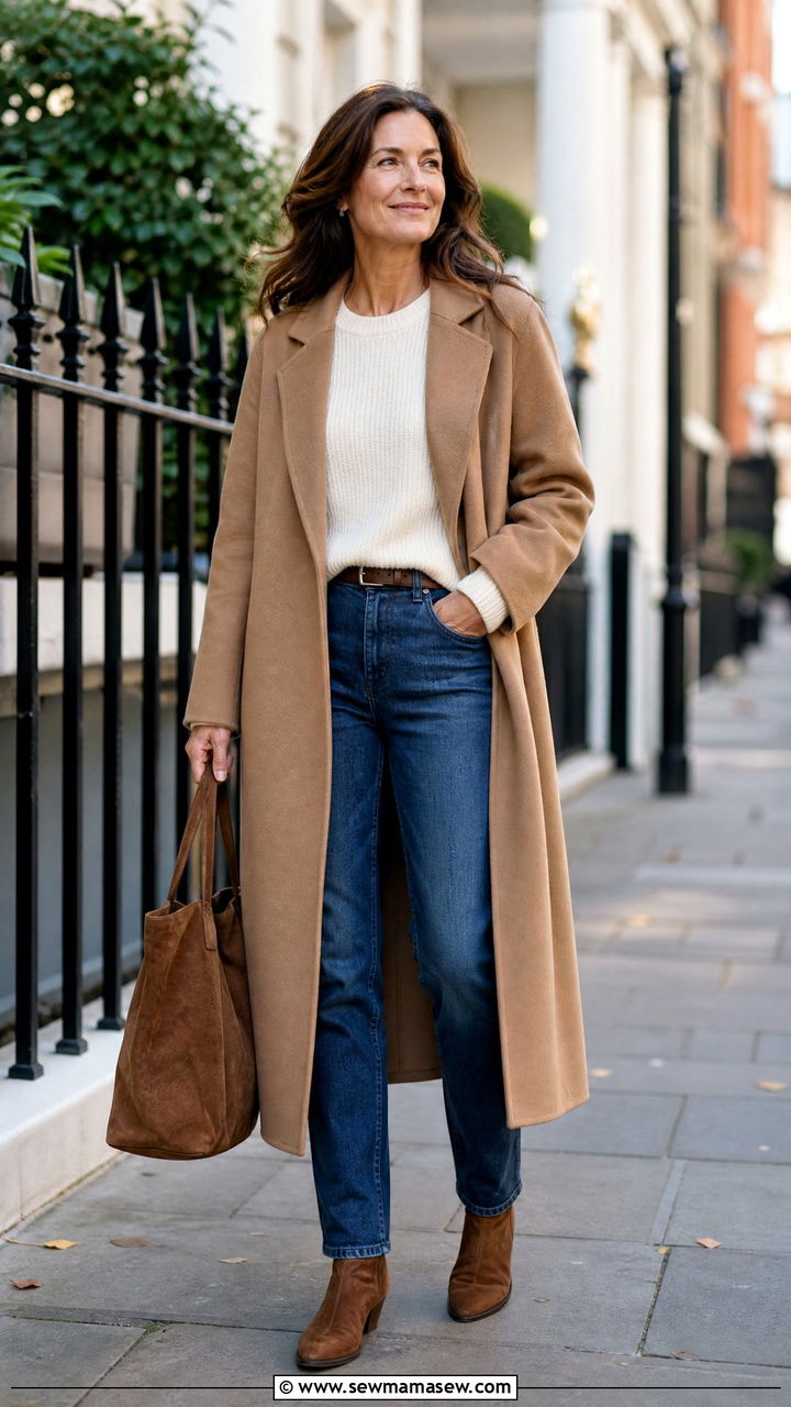 Camel Coat With Ivory Knit And Blue Jeans Women Over 40 - 35 Minimalist outfits for women over 40