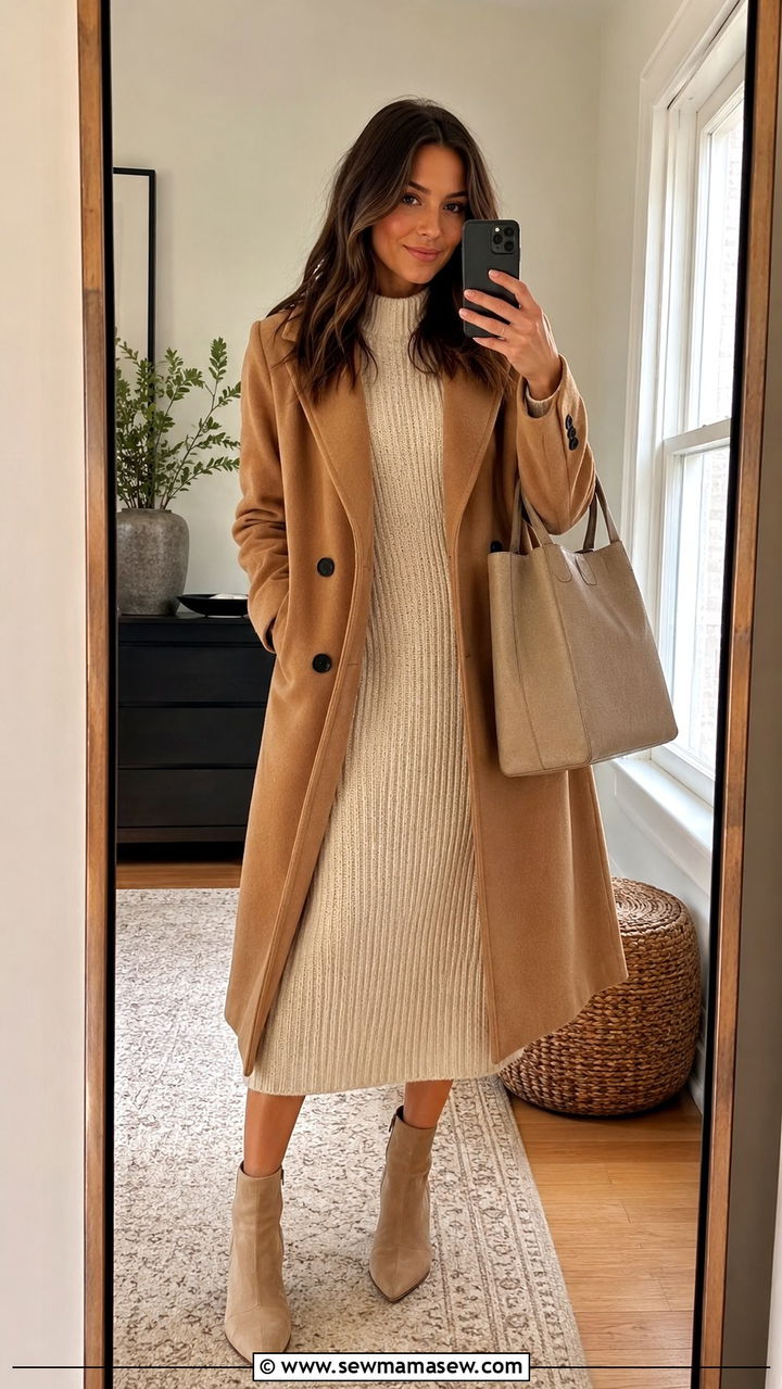 Camel Coat With Knit Dress and Ankle Boots - 30 transitional outfits aesthetic