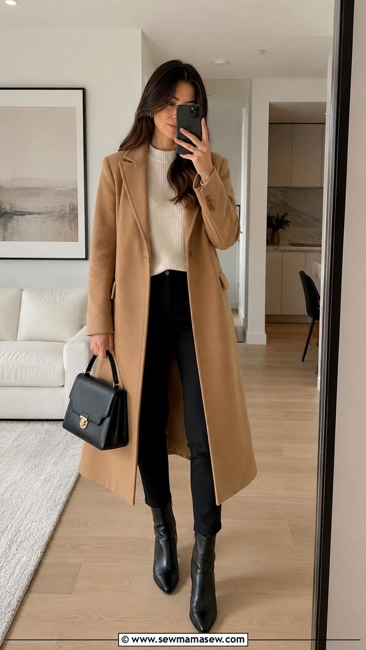 Camel Coat With Knit Sweater And Slim Trousers - 30 transitional everyday outfits for women