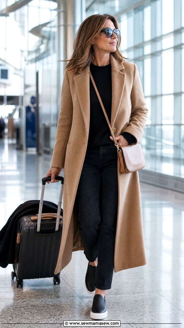 Camel Coat With Knit Top And Dark Jeans - 35 Airport outfit ideas for women over 40