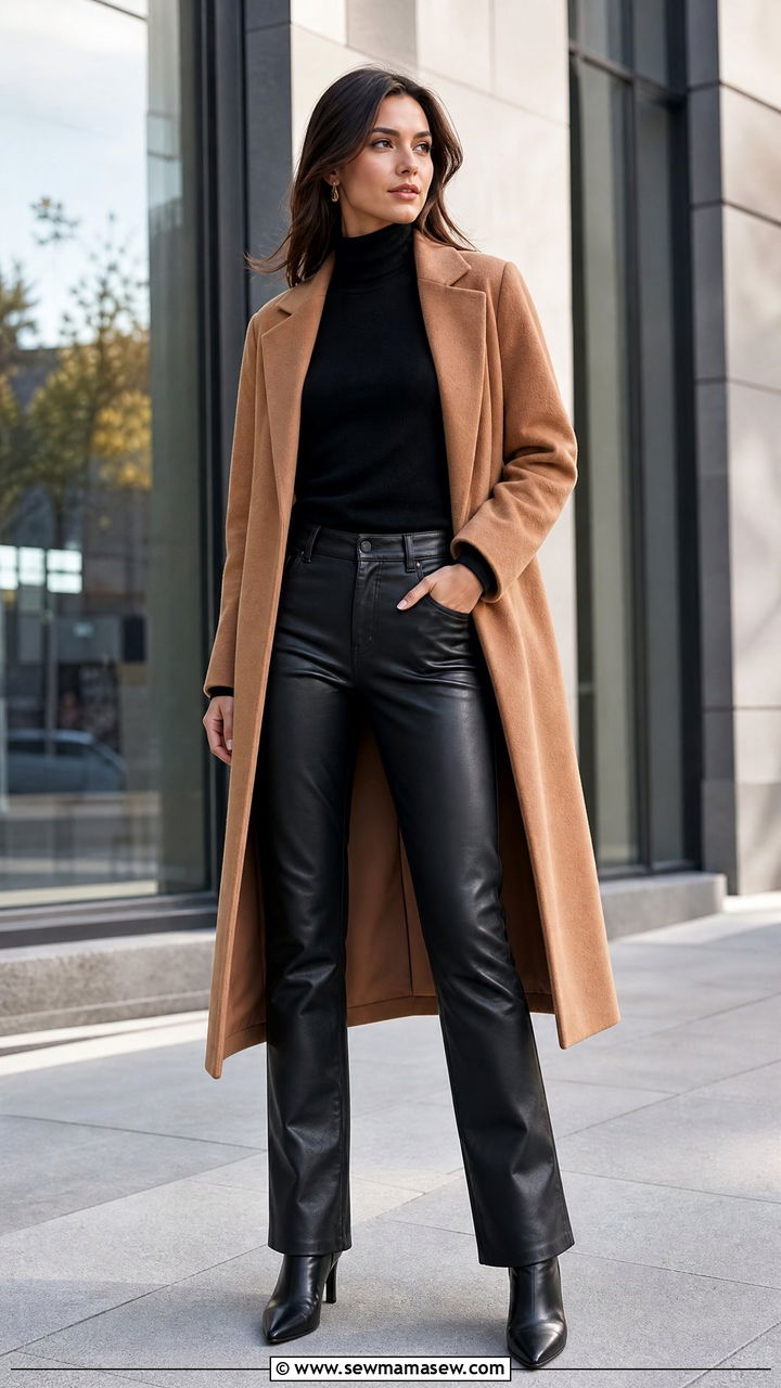 Camel Coat With Leather Pants and a Turtleneck - 25 Camel coat outfit ideas 2026