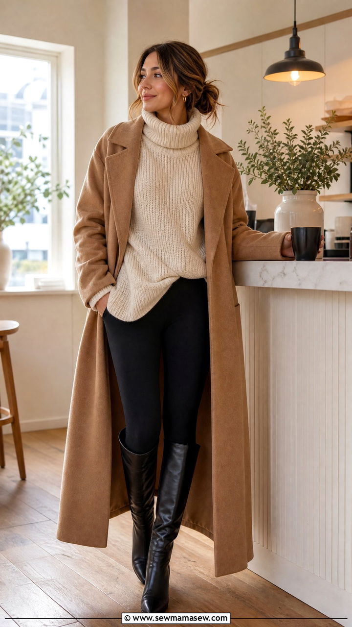 Camel Coat With Leggings and an Oversized Sweater - 25 Camel coat outfit ideas 2026