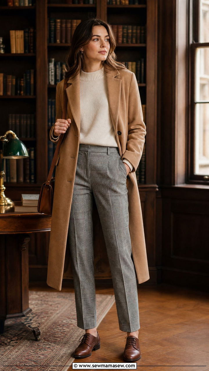 Camel Coat With Plaid Trousers and Oxfords - 25 Camel coat outfit ideas 2026