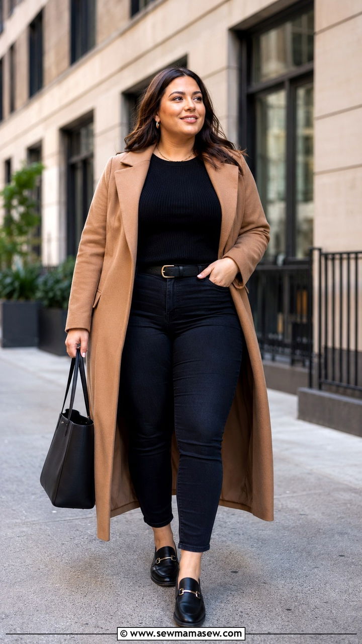 Camel Coat With Relaxed Jeans And Slip On Loafers - 30 Plus size office outfits