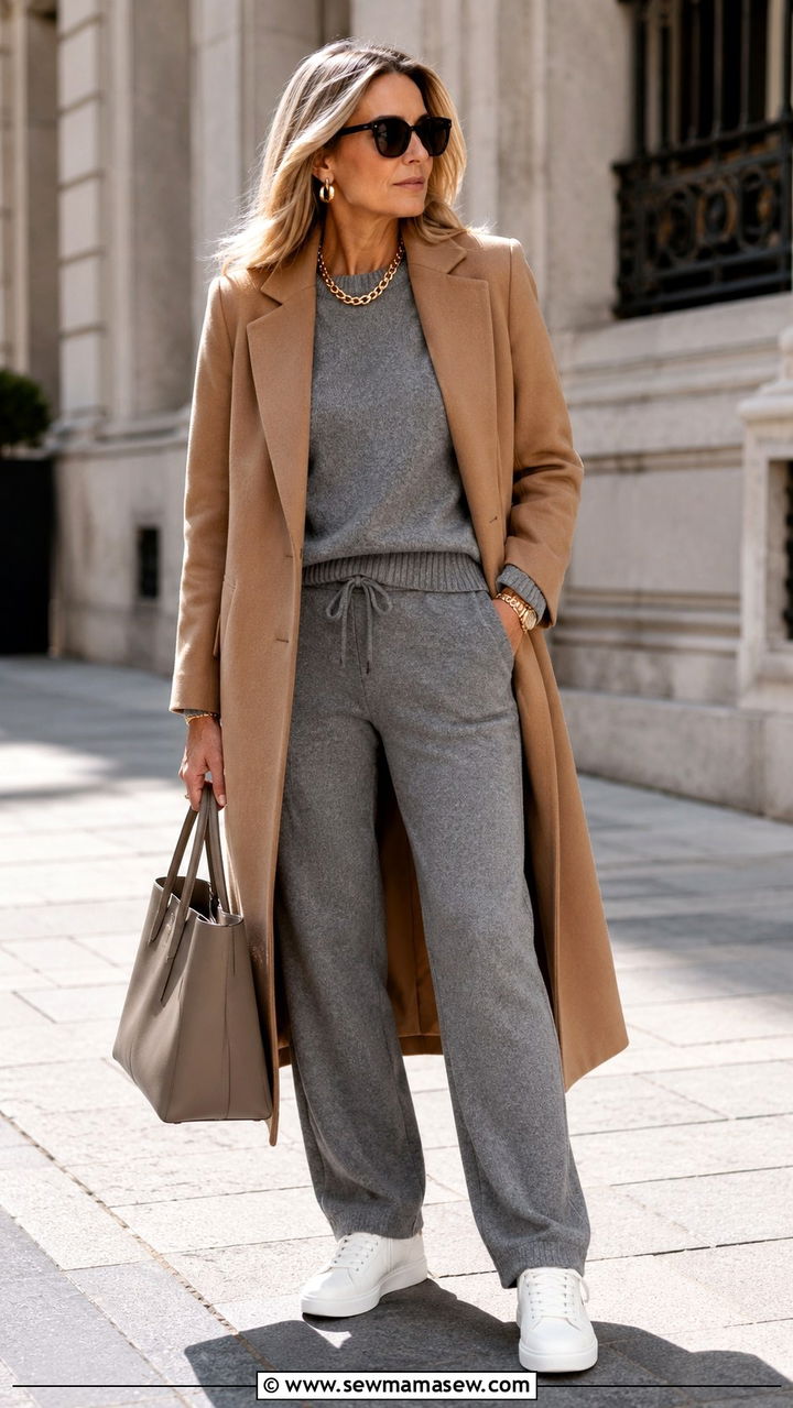 Camel Coat With Sweatpants And Leather Sneakers - 30 Sporty chic outfit ideas for women over 40