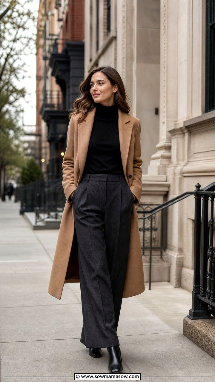 Camel Coat With Turtleneck And Wool Trousers - 35 Ivy league outfit ideas