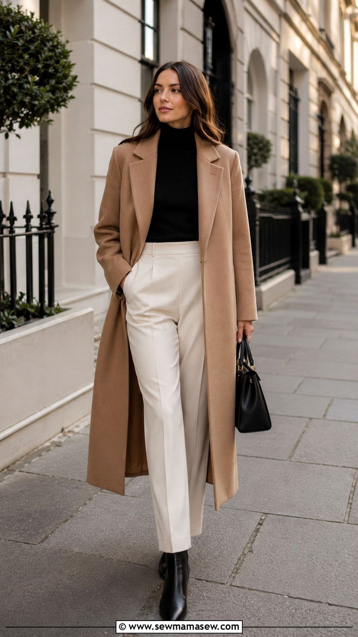 Camel Coat With Turtleneck and Trousers Outfit - 30 casual quiet luxury outfits