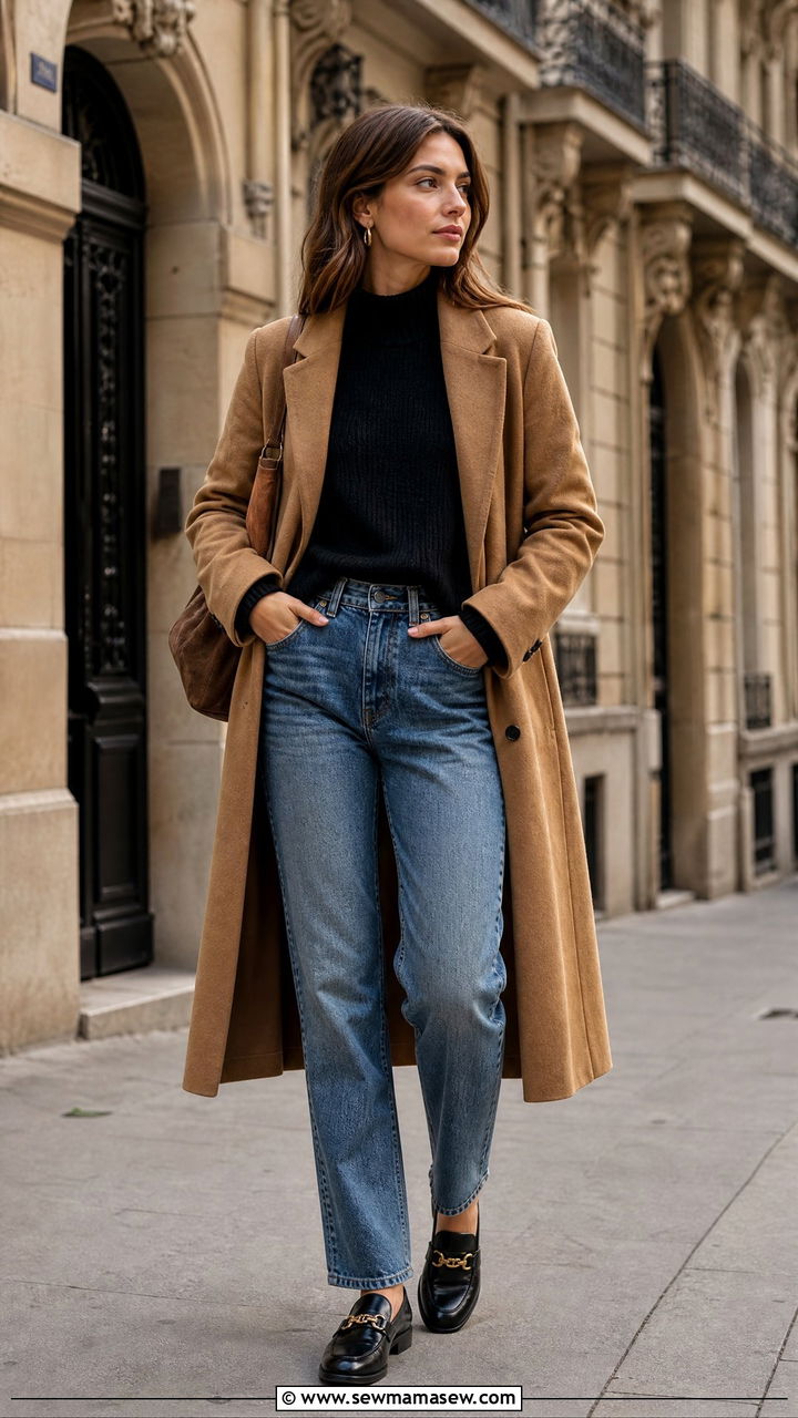 Camel Coat With Vintage Wash Jeans Outfit - 30 French girl outfit ideas with jeans