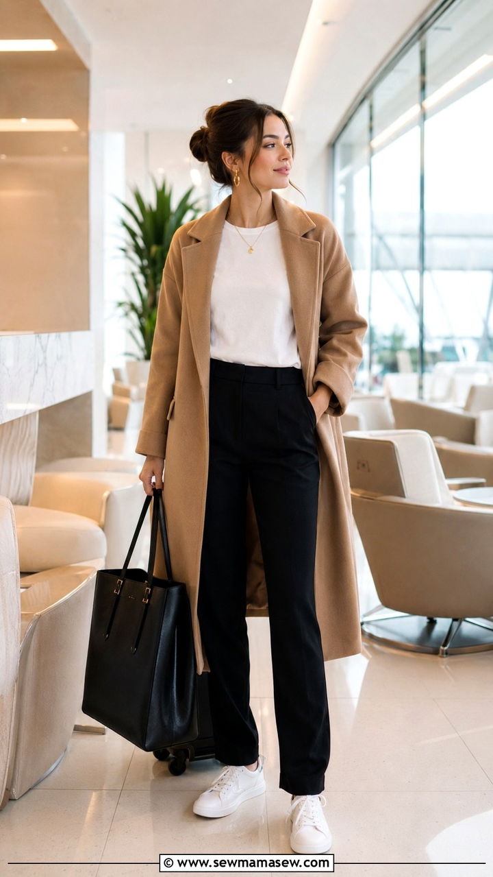 Camel Coat With White Tee And Black Trousers - 25 Airport outfit ideas clean girl