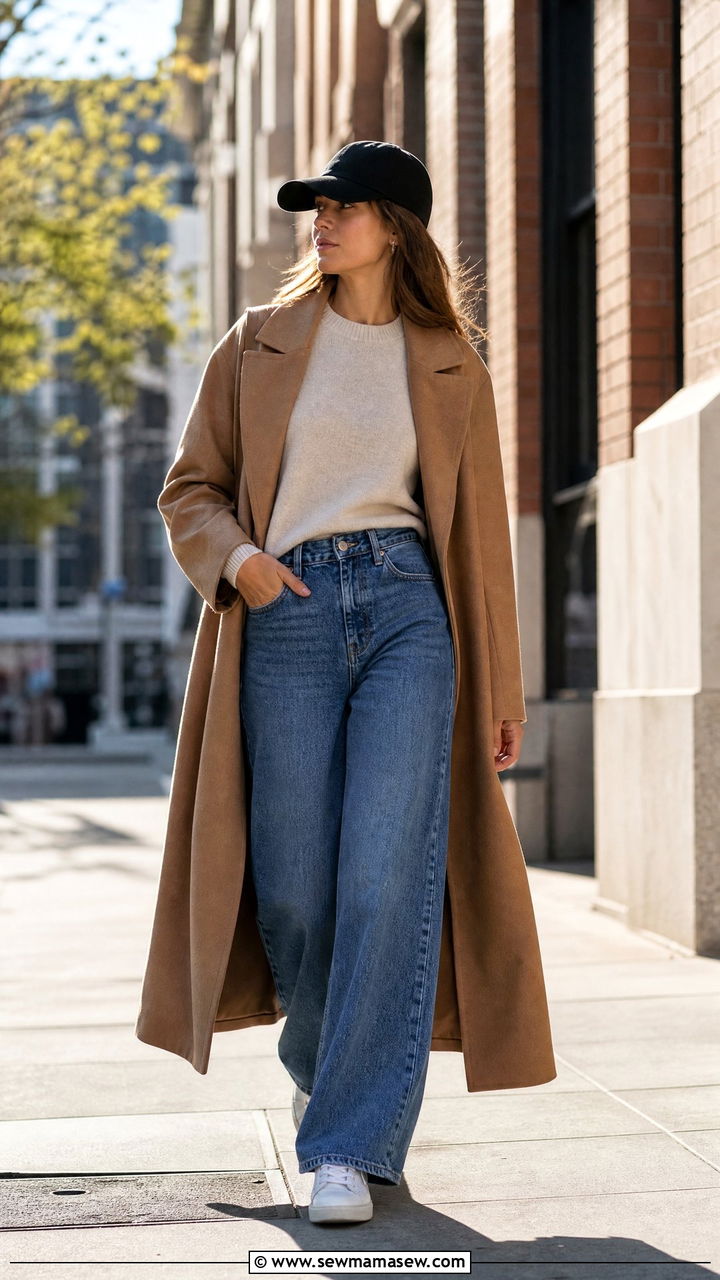 Camel Coat With Wide Leg Jeans and Sneakers - 25 Camel coat outfit ideas 2026