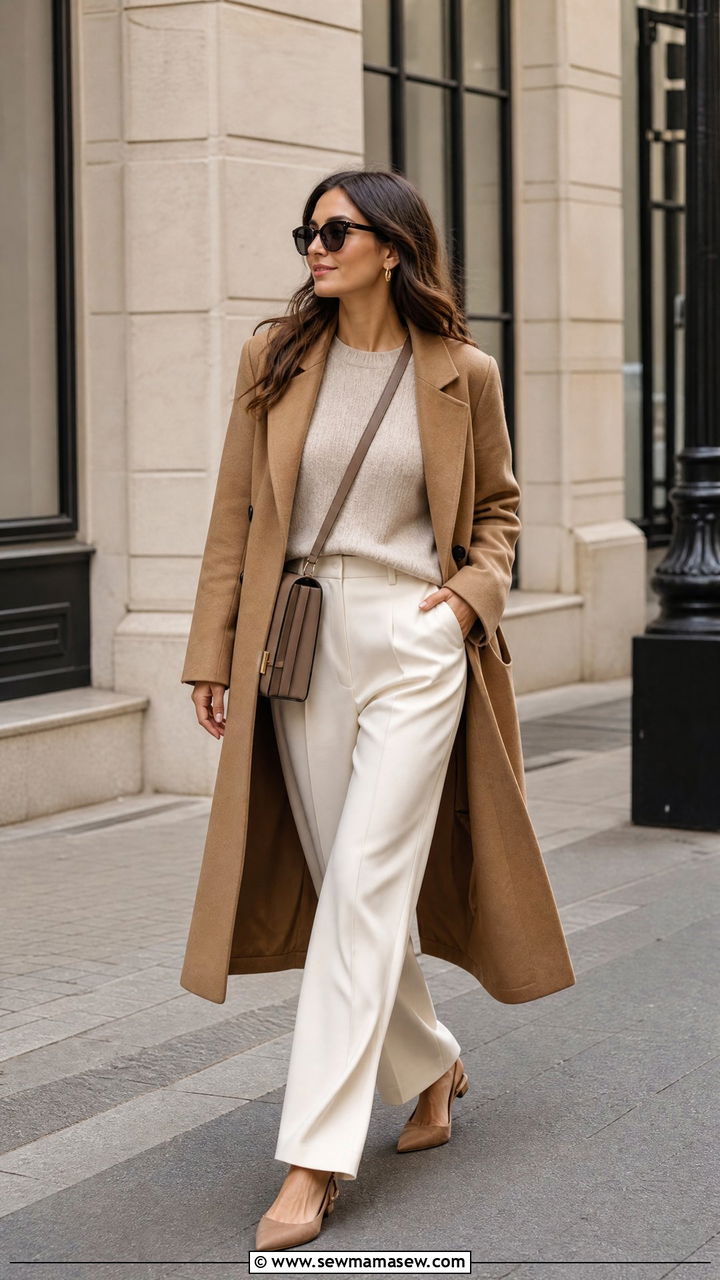 Camel Coat With Wide Leg Trousers Outfit - 30 classy transitional outfits