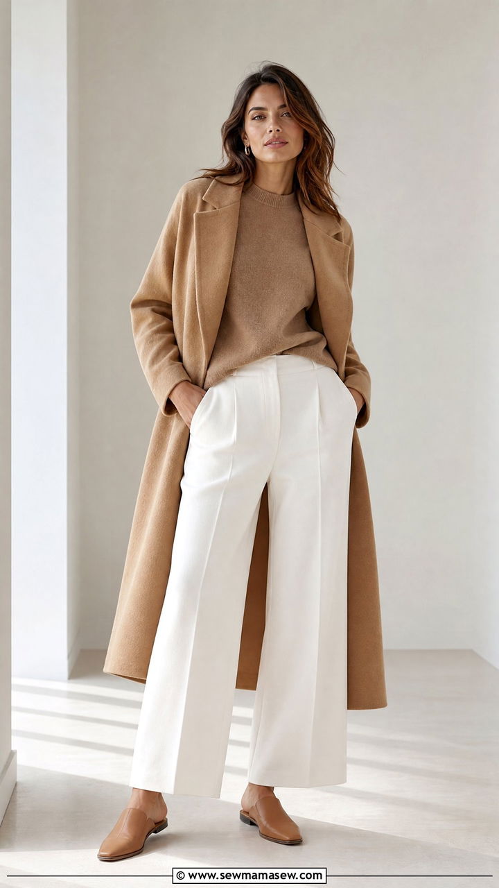 Camel Coat With Wide Leg White Pants and Mules - 25 Camel coat outfit ideas 2026